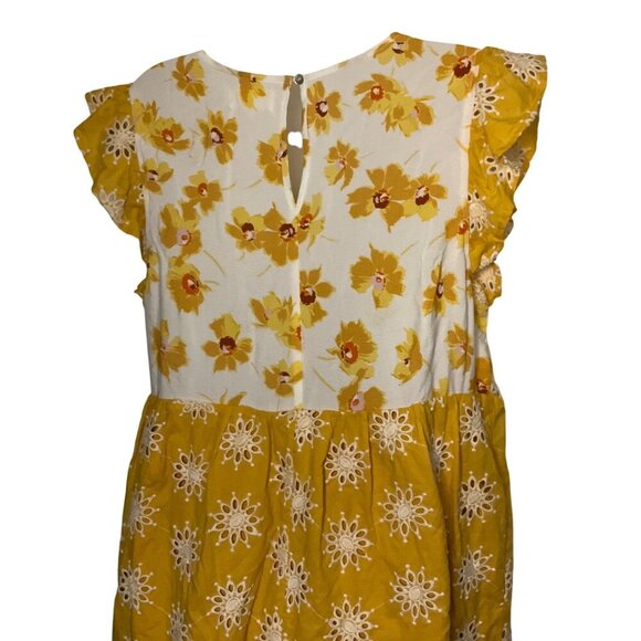 Melloday Floral Yellow & White Tiered Dress Square Neck & Ruffled Boho flowy L - Picture 8 of 13
